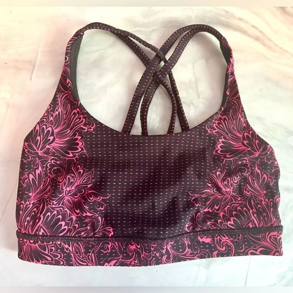 LULULEMON Energy Bra Strappy Sports Bra Black Pink Red Infinity Energy Print 6